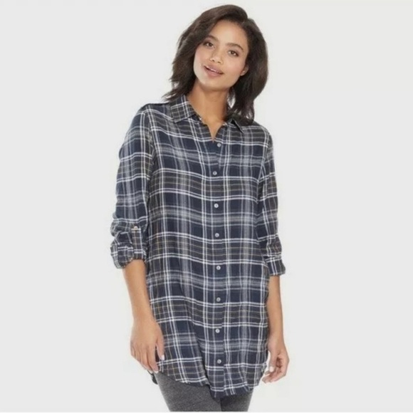 Sam Edelman Tartan Plaid Button Down Tunic Shirt Size XS - Picture 1 of 7